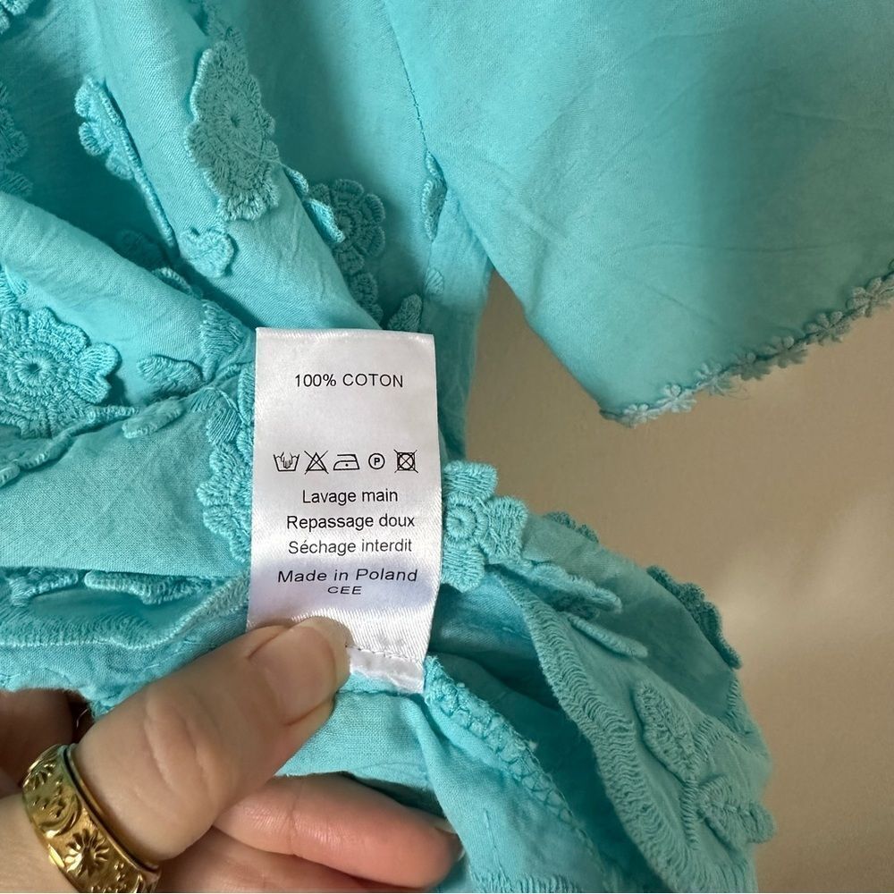Valerie Khalfon Embroidered Top Turquoise Short Sleeve Floral Size 36 - Picture 8 of 8